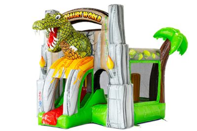 Je ziet een dino klein springkussen, bij belderfeestverhuur is dit springkussen te huur
