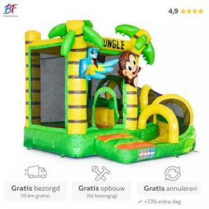 Jungle springkussen met glijbaan en aapje huren in Nieuwerkerk aan den IJssel en omstreken voor kinderfeestje