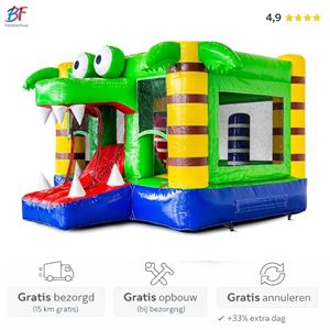 Groen krokodil multiplay springkussen met glijbaan voor kinderfeestje