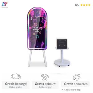 De industriële spiegel photobooth (Magic Mirror) combineert een stoer design met interactieve functies en directe prints. Perfect voor premium feesten en bedrijfs events in Zuid-Holland.