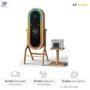 De houten spiegel photobooth (Magic Mirror) is een interactieve blikvanger op elk feest. Met touchscreen, animaties en directe prints is alles volledig verzorgd in Zuid-Holland.